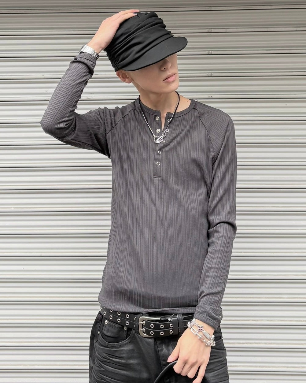 受注制【nmtc+】Snap henley neck ribbed slim top (4color)