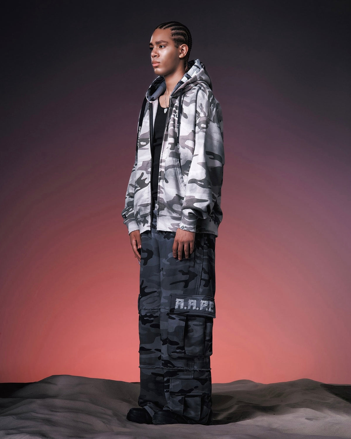 【NOMANUAL】AAPE X NMNL DOUBLE HOODED ZIP-UP(SAND CAMO)