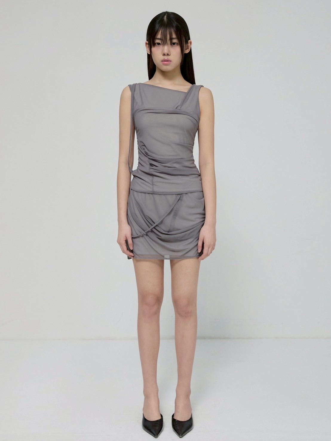 6/22 21:00発売【FLAREUP】Draped Mesh Layered Mini Skirt
