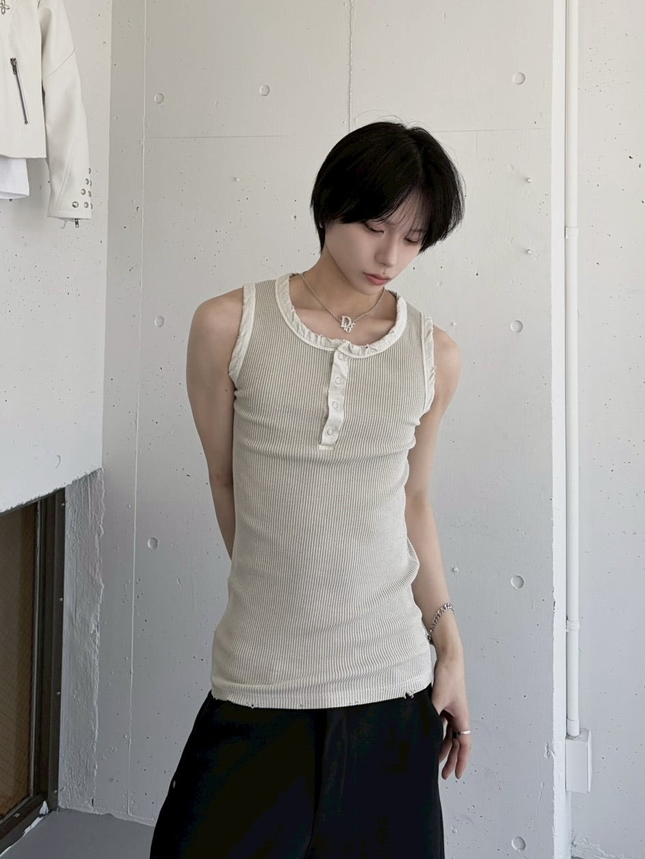 受注制【LUV CODE】pigment rib henley neck sleevesless (3color)