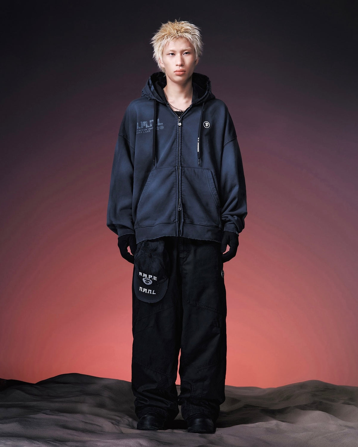 【NOMANUAL】AAPE X NMNL DOUBLE HOODED ZIP-UP(BLACK)