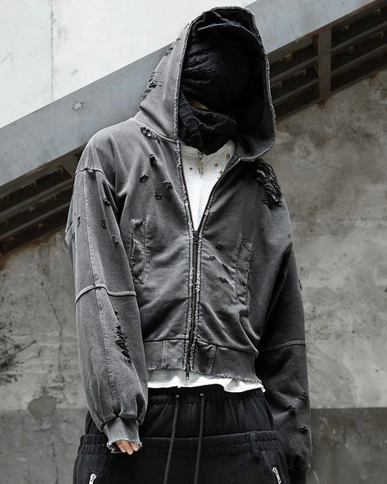 【roaringrad】Damage Crop Hoodie Jacket