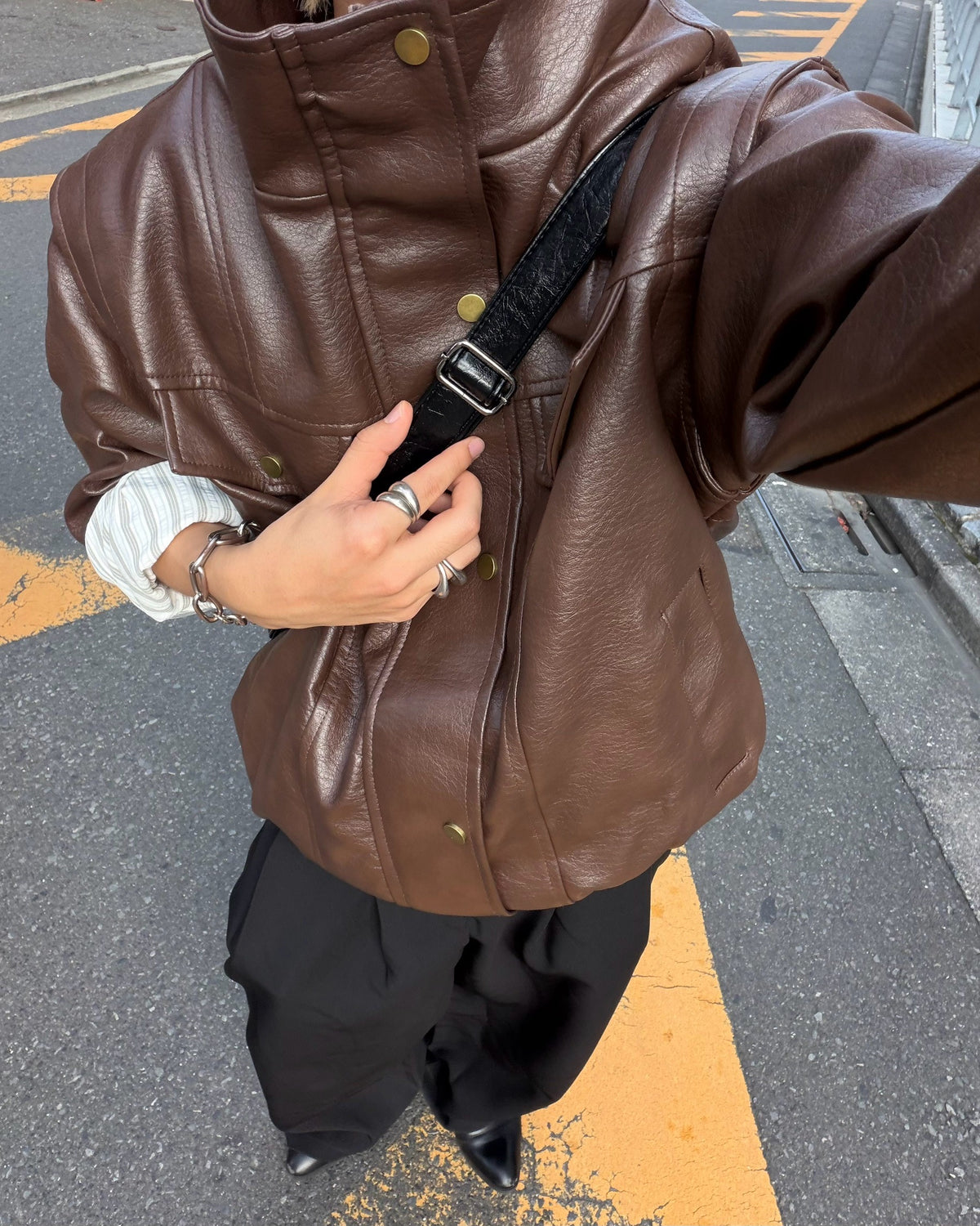 国際配送【RENOL】faux leather collared jacket