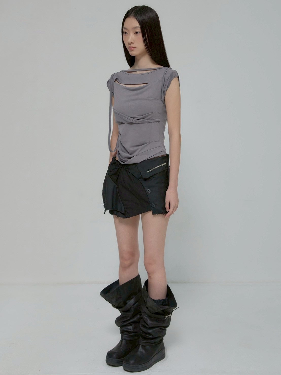 6/22 21:00発売【FLAREUP】Asymmetrical Layered Mini Skirt