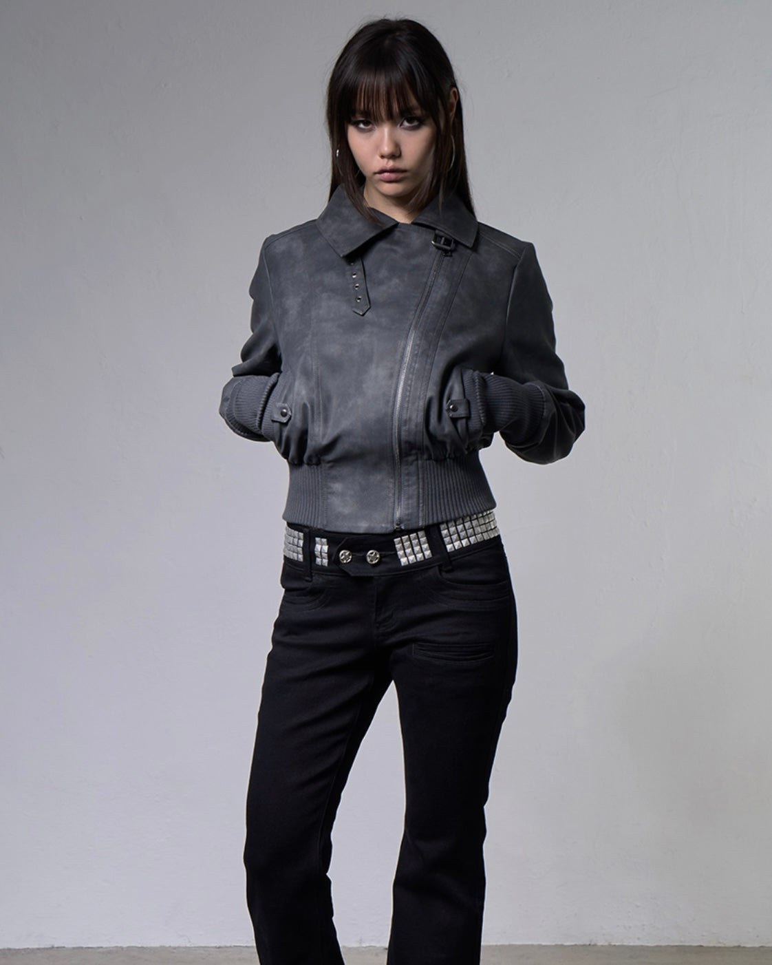 【FANCY CLUB】HIGH-NECK RIBBED LEATHER JACKET