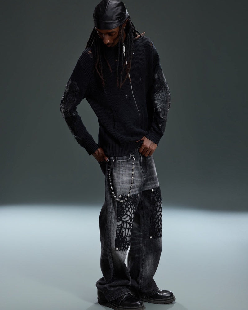 【The Boy Has No Patience】LEATHER PATCH DESTROYED ZIP SWEATER
