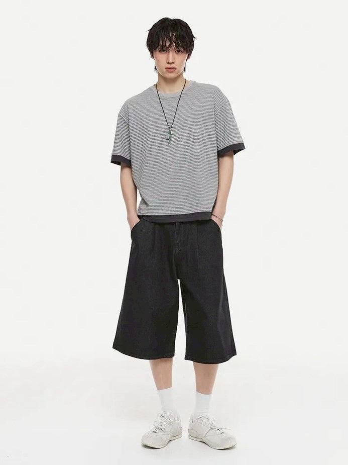 【DNSR】Layered Stripe Crop T-Shirt
