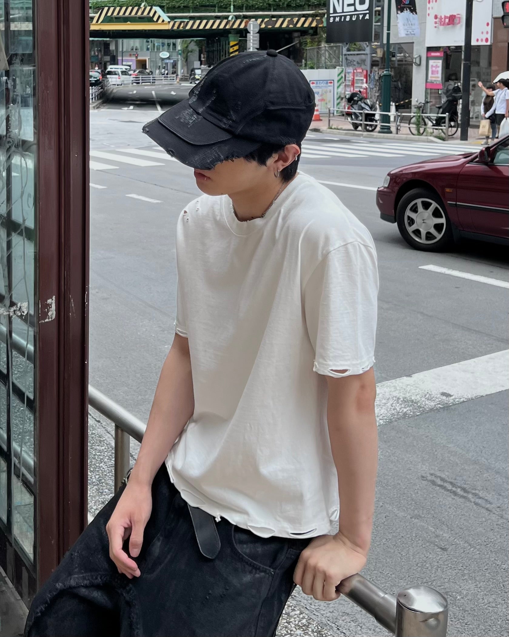大阪店WEB限定受注制【Chikashitsu +】grunge damage crop t-shirt (3color)