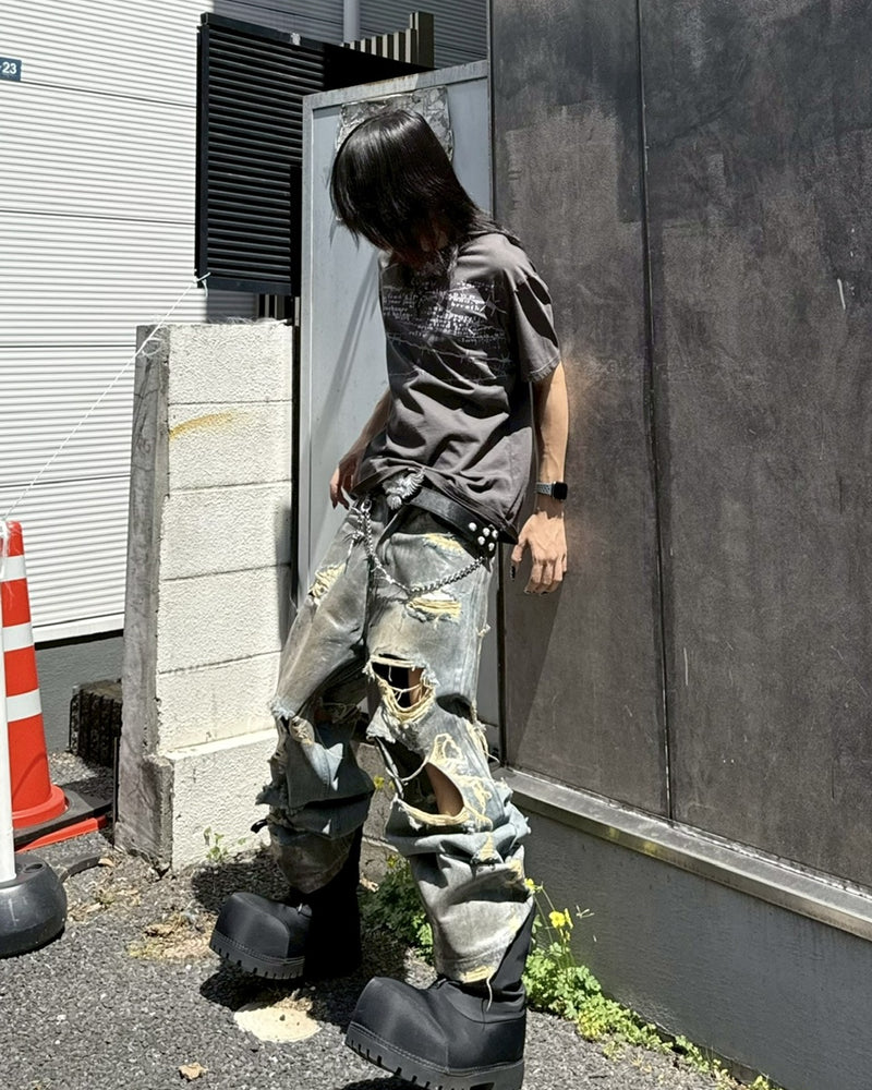 国際配送【Never mind the XU】barbed wire destroyed T-shirts