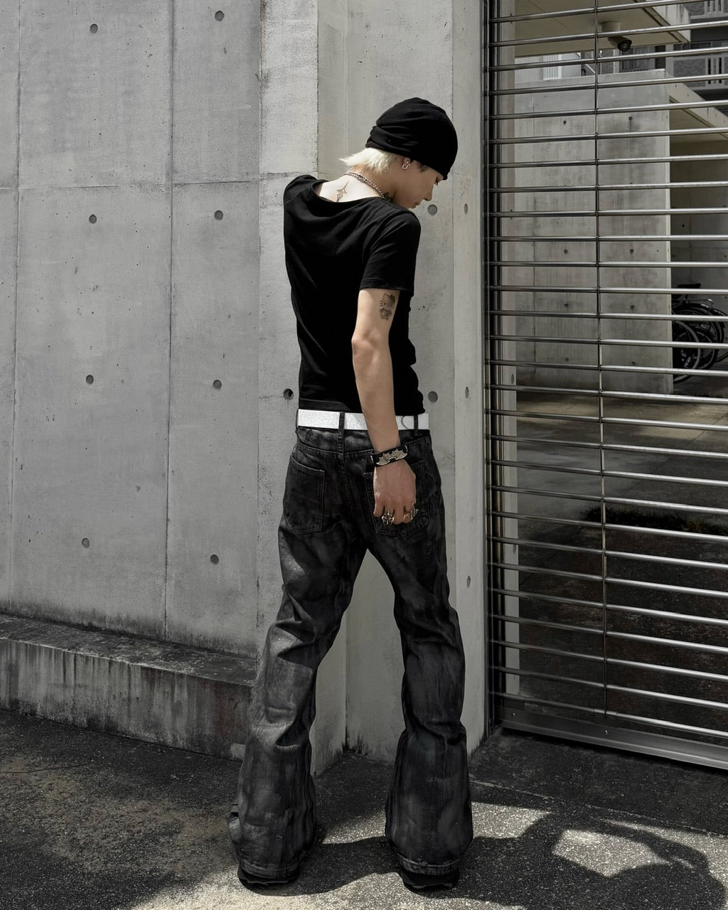 国際配送【Never mind the XU】vintage waxed flare denim pants