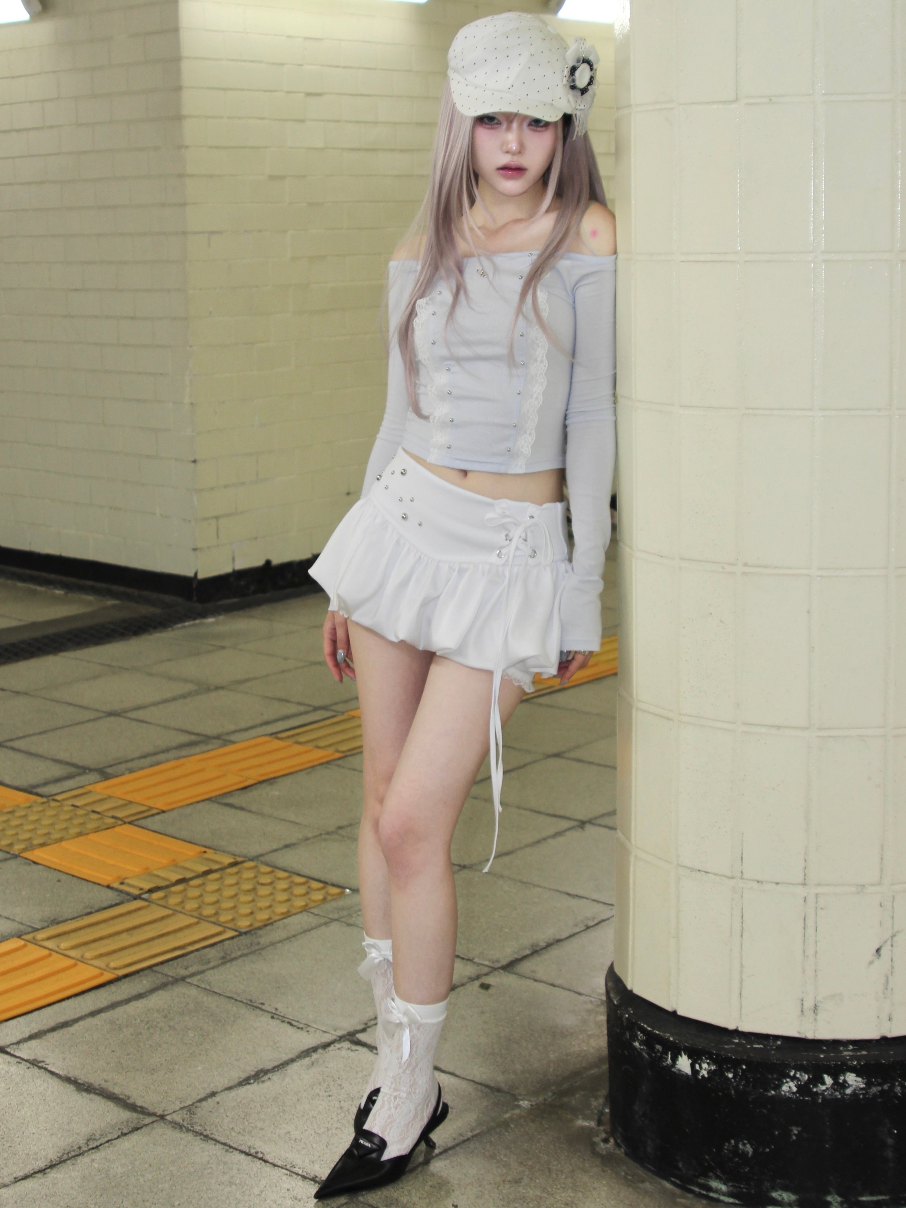【CHERRYQUIRI】cloud lace off shoulder top