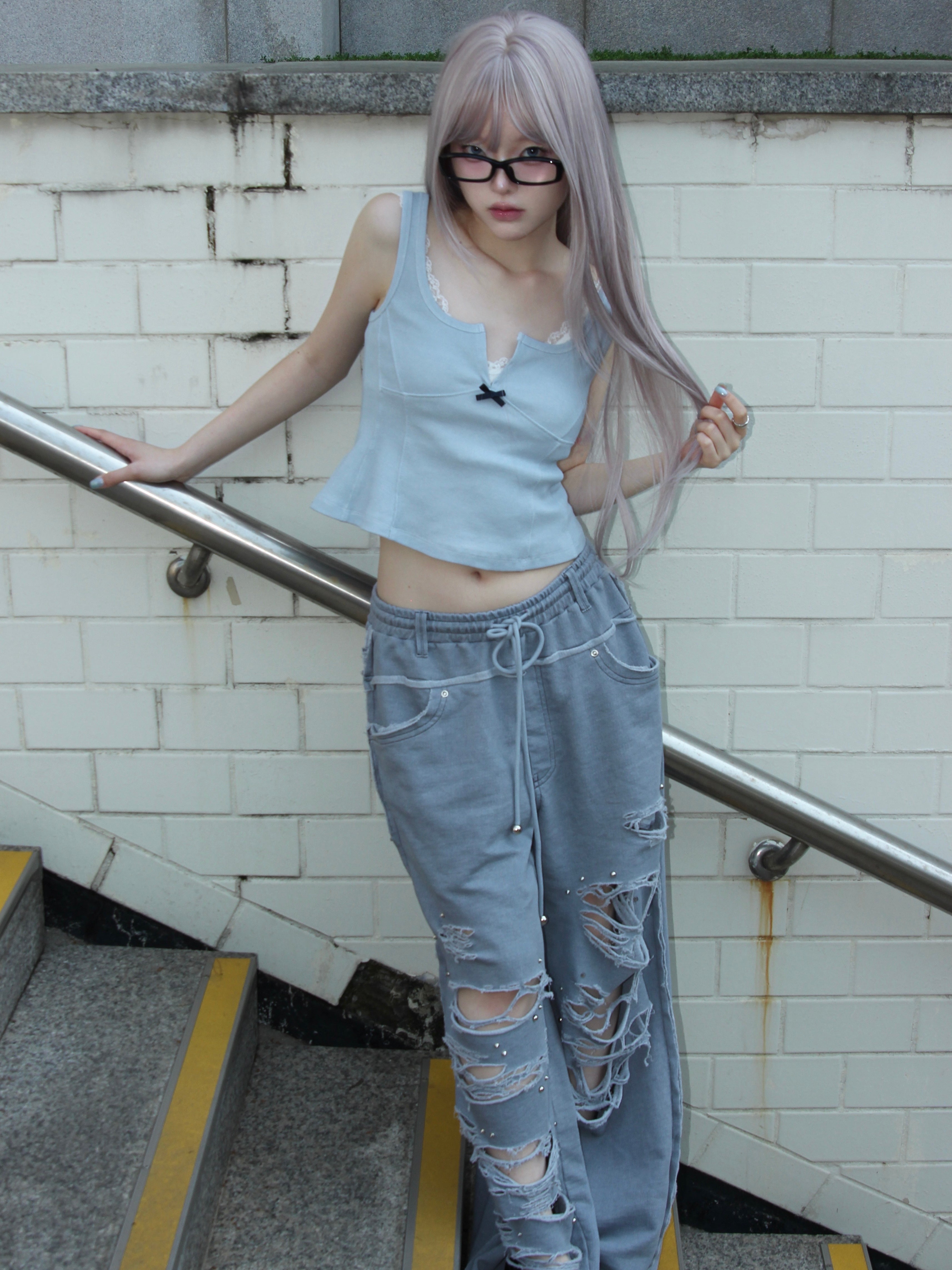 【CHERRYQUIRI】damage stud jogger pt