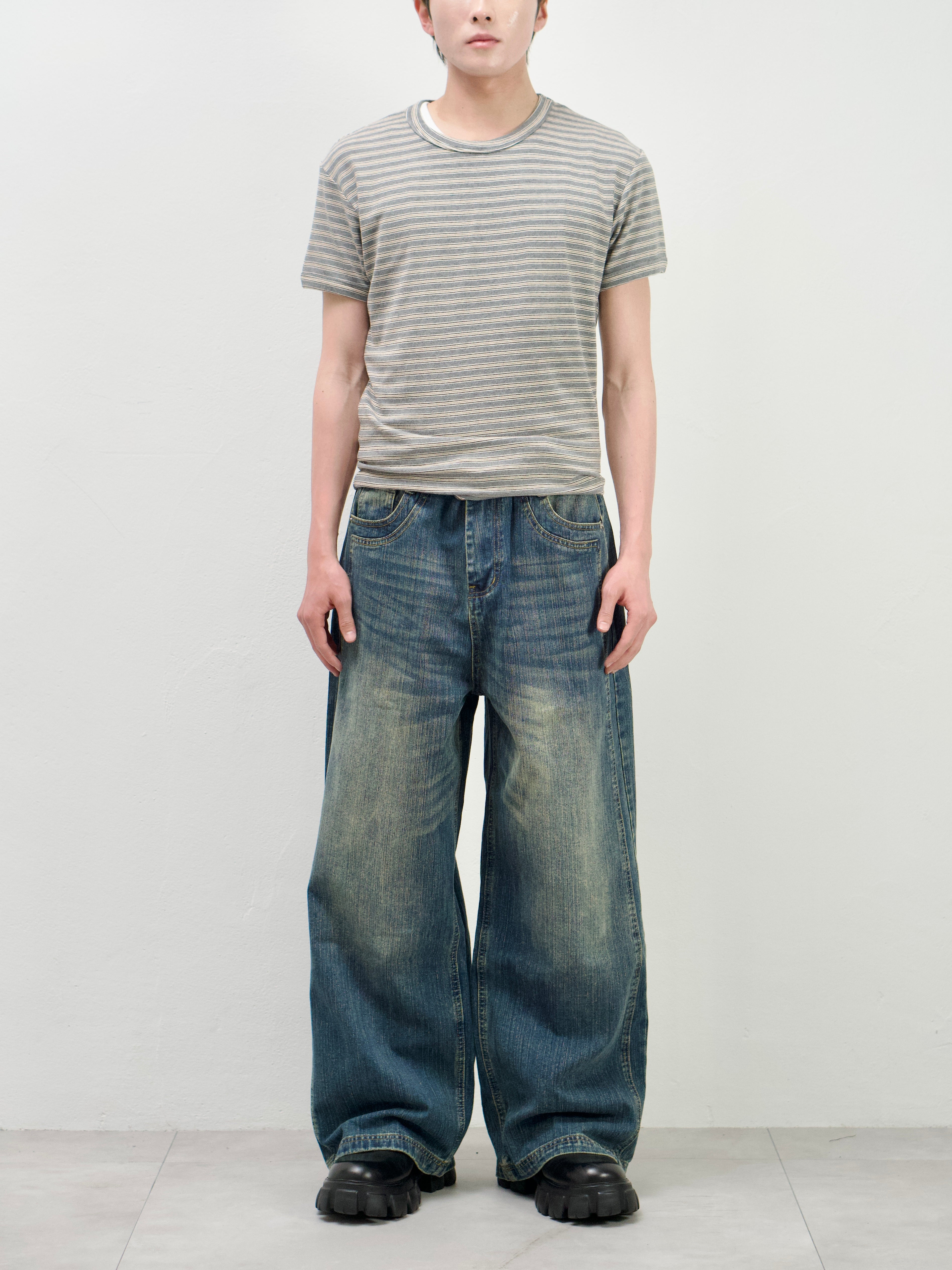 受注制【Chikashitsu +】double slub wide denim pants
