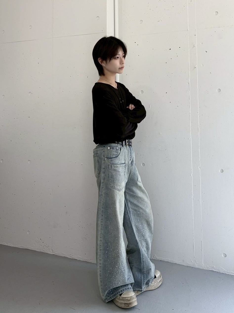 国際配送【LUV CODE】rhinestone wide denim pants (2color)