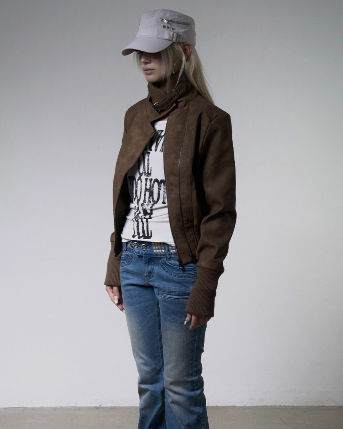 【FANCY CLUB】HIGH-NECK RIBBED LEATHER JACKET