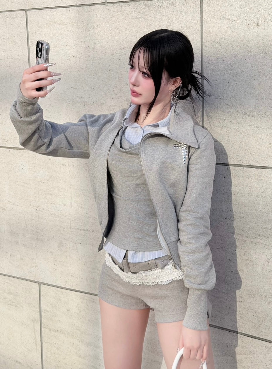 3/1 20:00発売 受注制【nmtc +】cross design diagonal zip up sweat / 【エヌエムティーシープラス】クロスデザインダイアゴナルジップアップスウェット (2color)