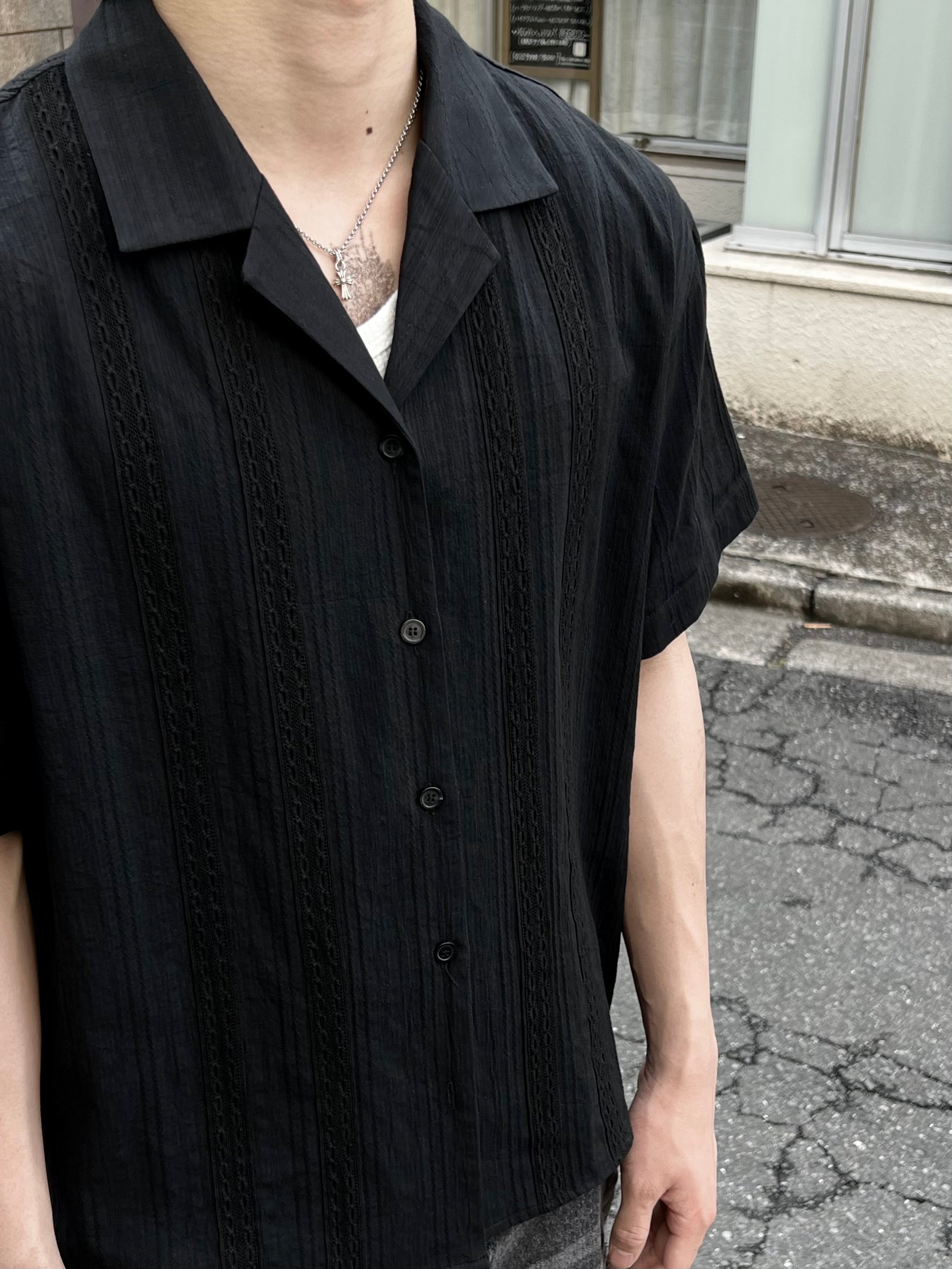 大阪店WEB限定受注制【Chikashitsu +】perforated open collar shirt (2color)