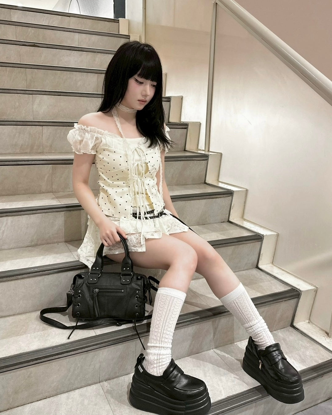【nmtc+】Dot Lace Ribbon Blouse (2color)