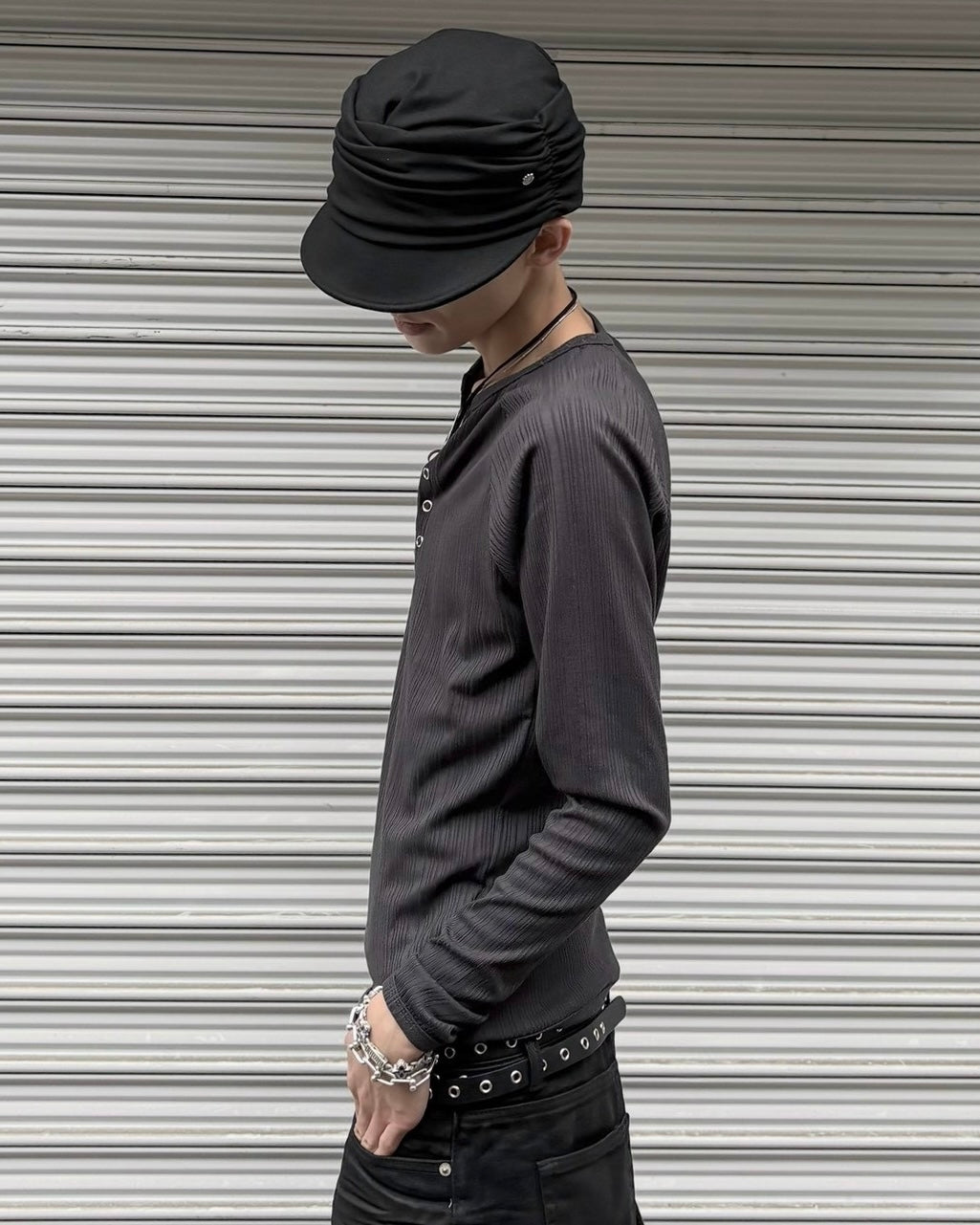 受注制【nmtc+】Snap henley neck ribbed slim top (4color)