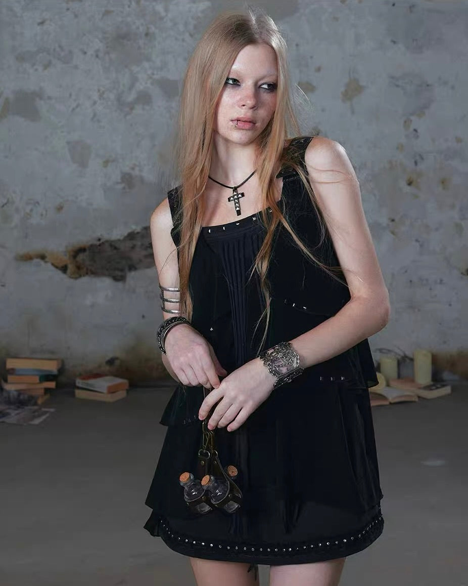 【Cest Nous】Black Tassel Layered Cake Slip Dress