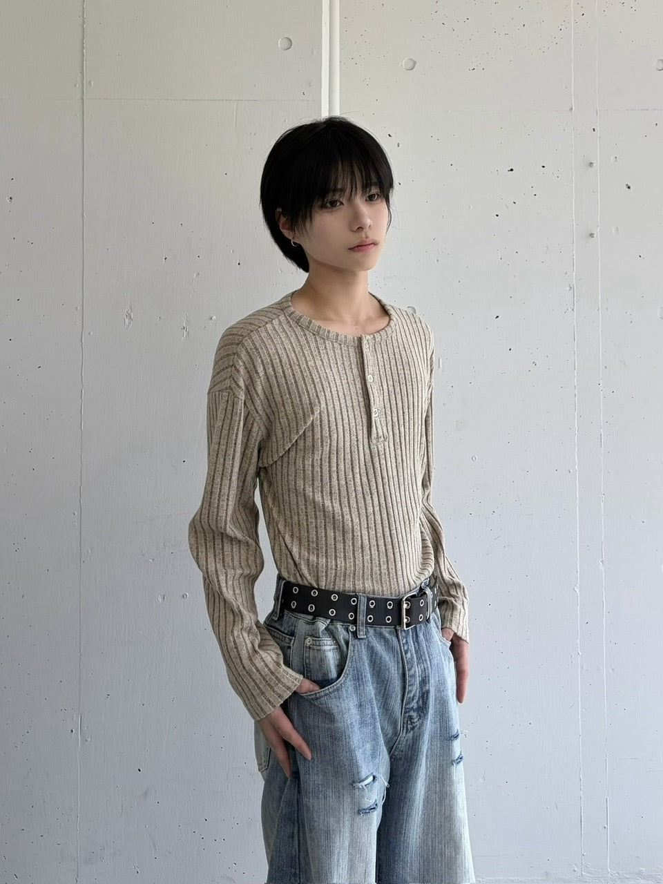 国際配送【LUV CODE】vintage ribbed henley long sleeve