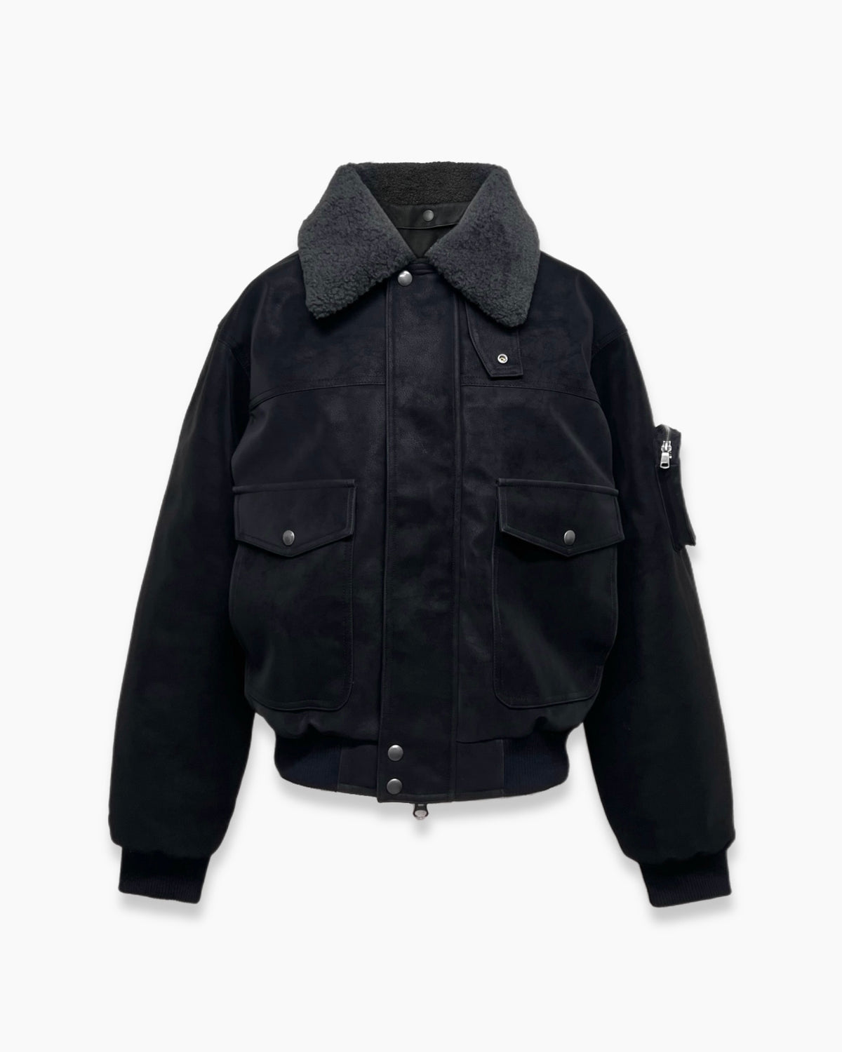 【CHIKASHITSU PLUS HIGH】Boa collar faux leather flight jacket