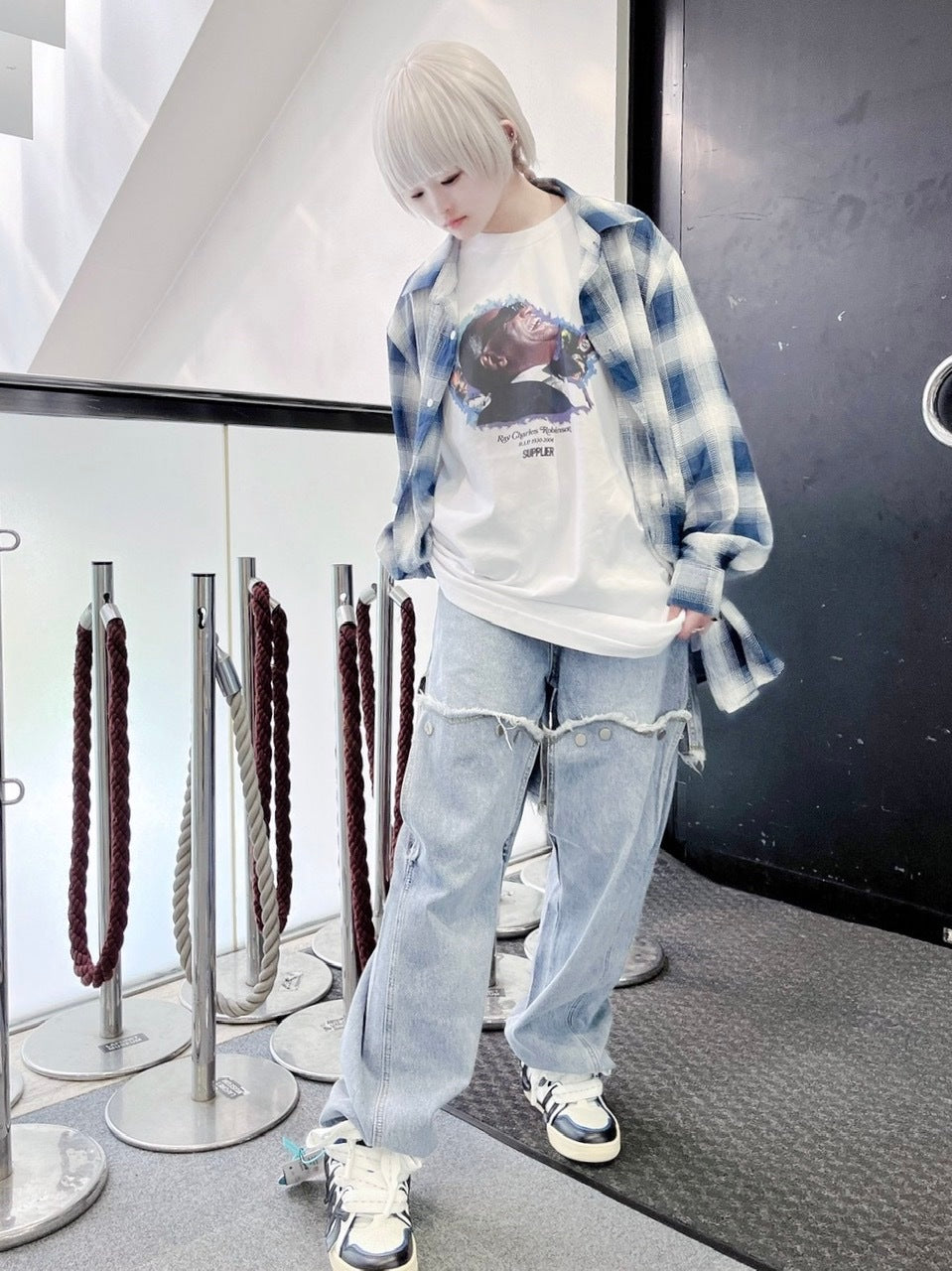 受注制【Never mind the XU】chiffon check shirt (2color) / 【ネバーマインドザエックスユー】シフォンチェック長袖シャツ