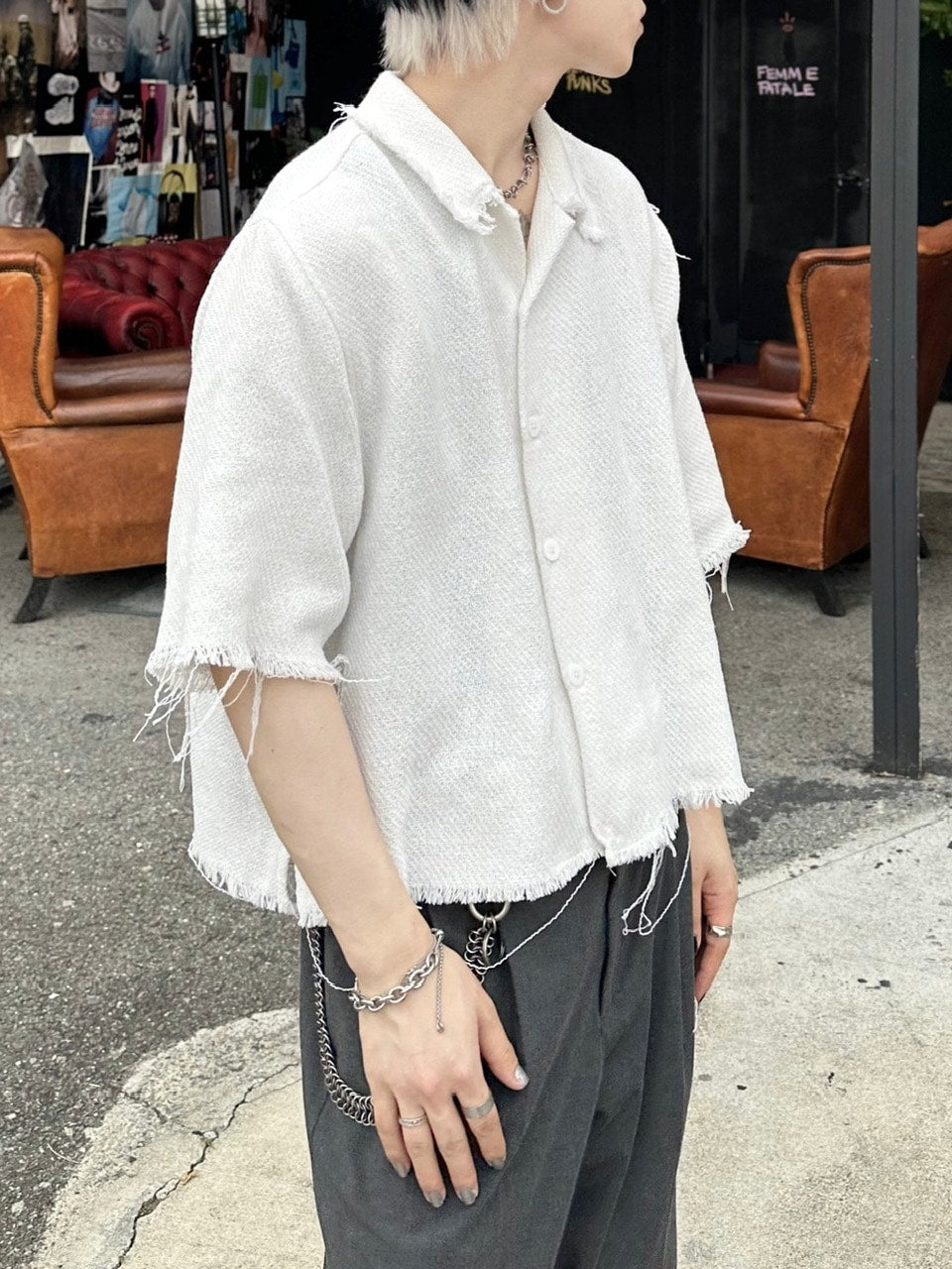 大阪店WEB限定受注制【Chikashitsu +】tweed cropped shirt (2color)