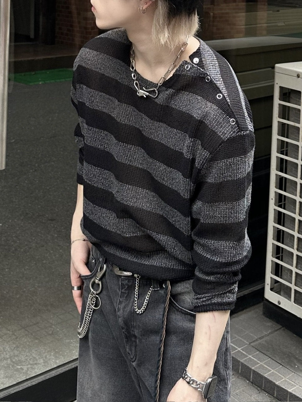 大阪店WEB限定受注制【Chikashitsu +】shoulder snap border knit (2color)