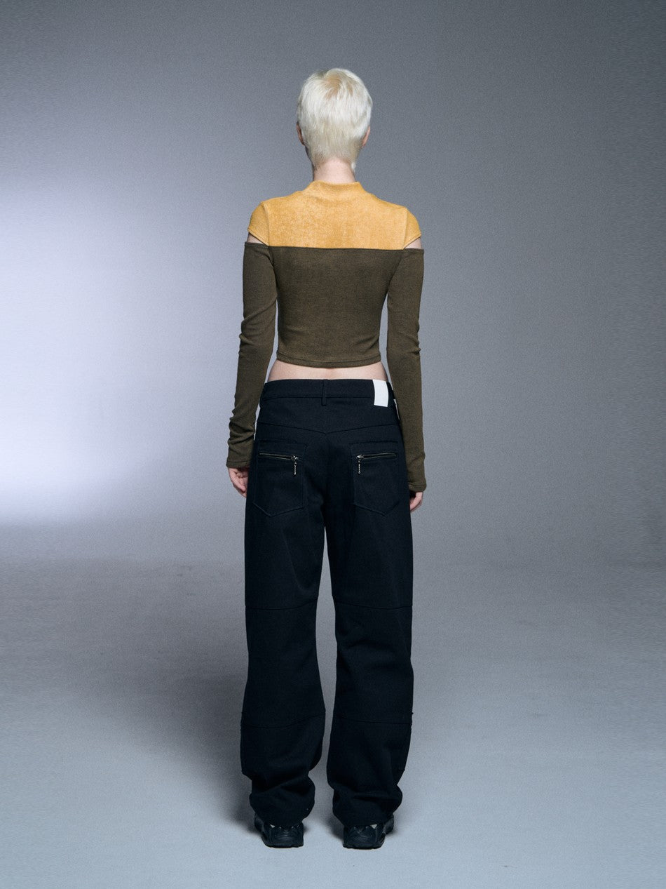 【SETUP‐EXE】TWO-TONE SLEEVE SLIT CROP TOP