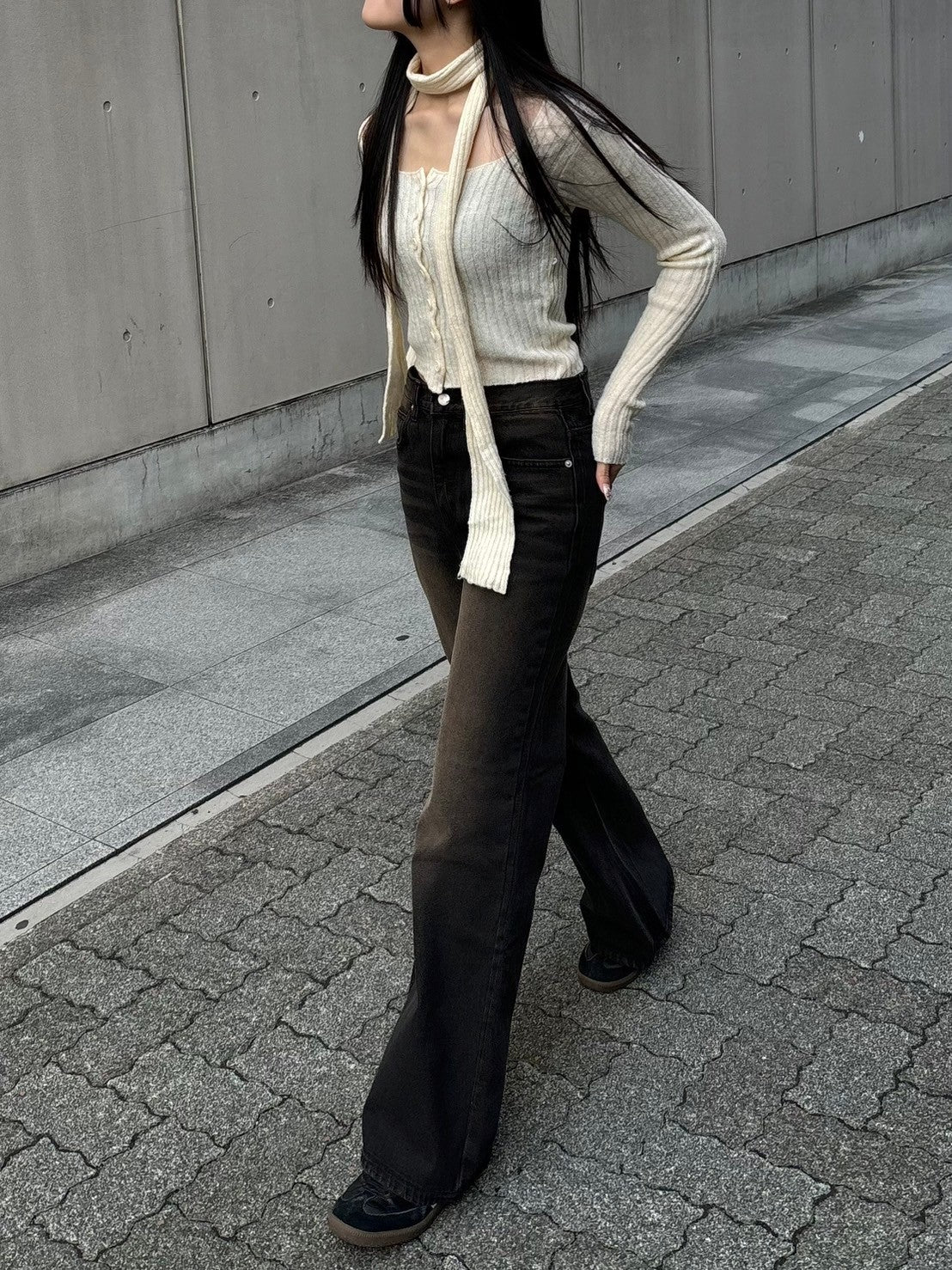 【Chikashitsu + LADIES】scarf set cropped knit tops (2color)