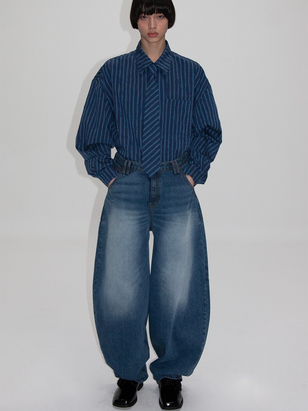 【ESC STUDIO】stripe laser washing denim baggy pants