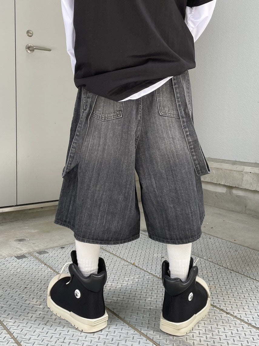 受注制【Never mind the XU】strap denim half pants (2color)