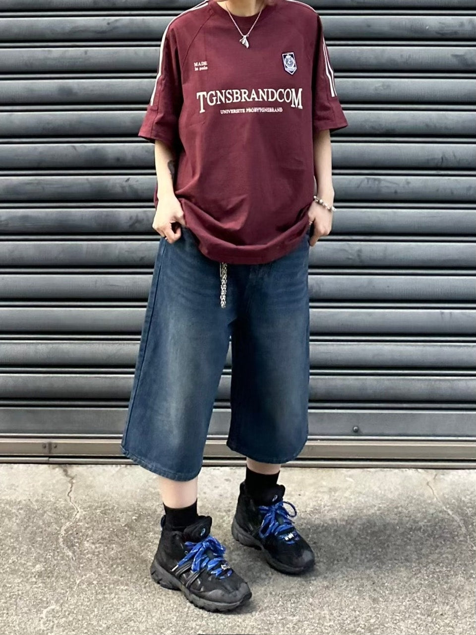 【Chikashitsu +】vintage wash wide denim half pants (2color)