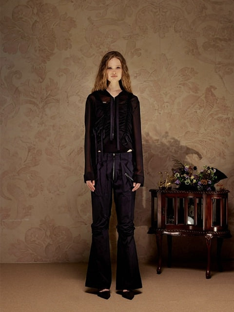 【NACHE】SHIRRING CHIFFON HOODIE ZIP-UP