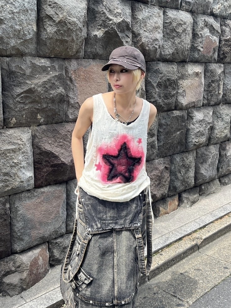 受注制【Never mind the XU】star damage sleeveless (2color)