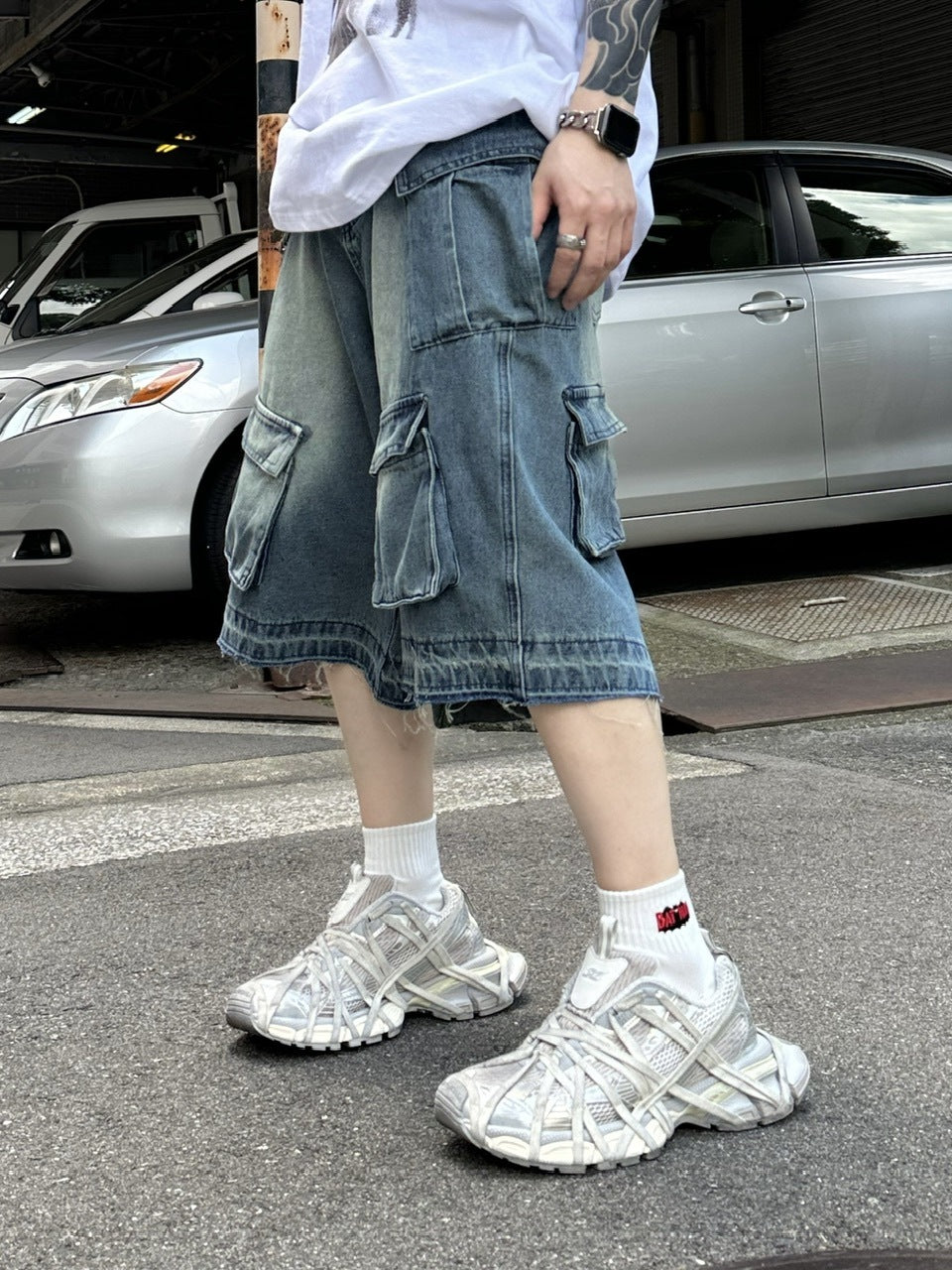 大阪店WEB限定受注制【Chikashitsu +】multi pocket denim half pants (2color)