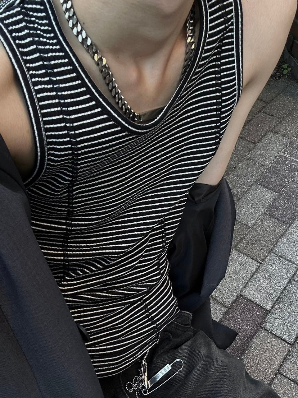 受注制【Chikashitsu +】border stitch rib sleeveless (2color) / 【チカシツプラス】ボーダーステッチリブタンクトップ