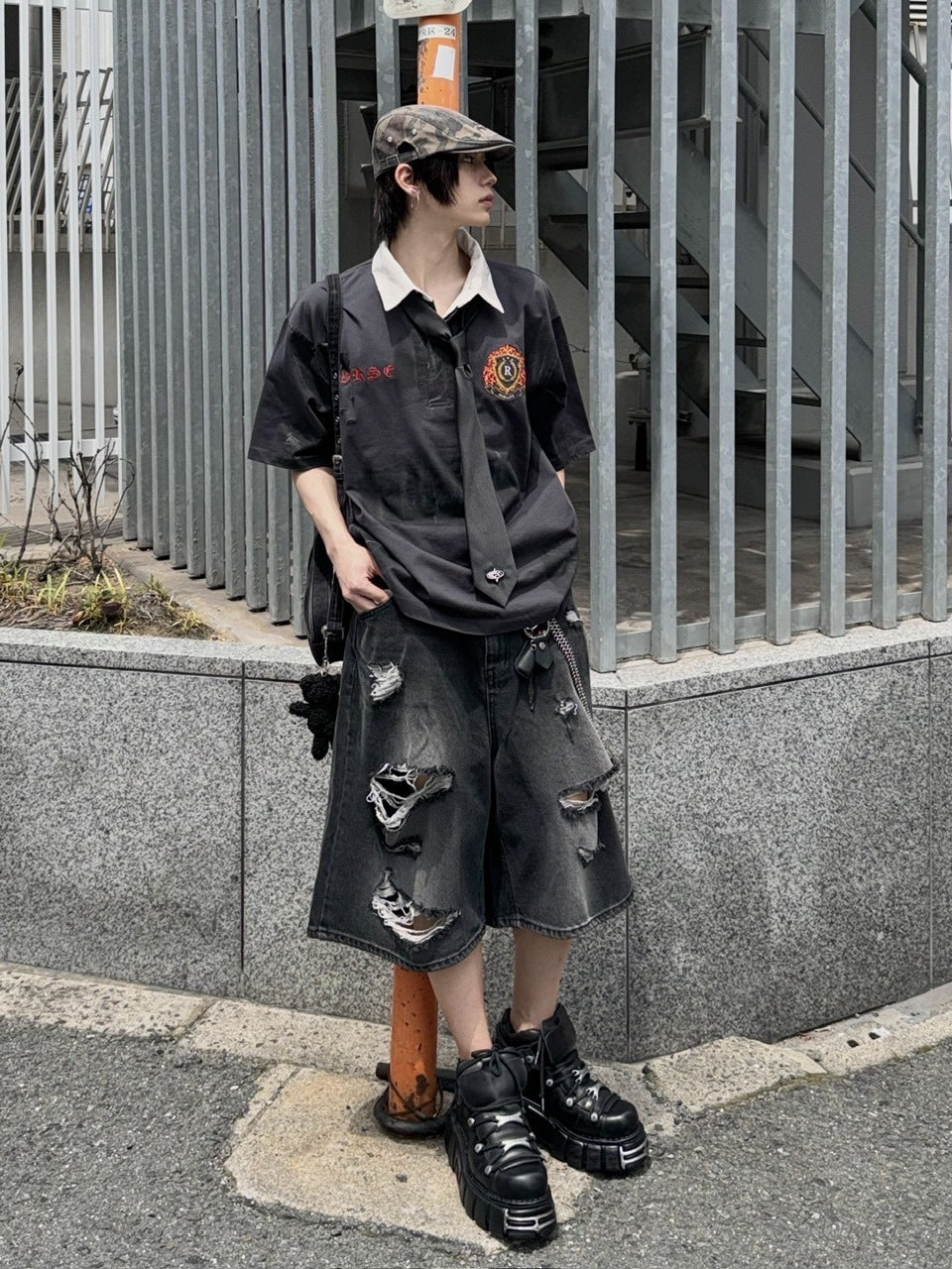 受注制【Never mind the XU】damage denim shorts 2 (2color)