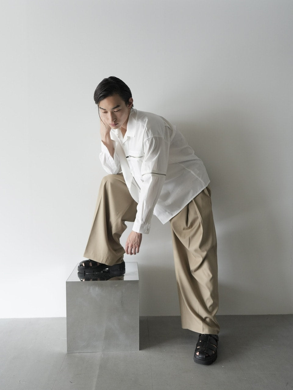 【CS】2way zip square cut shirt (white) / 【シーエス】2ウェイジップスクエアカット長袖シャツ