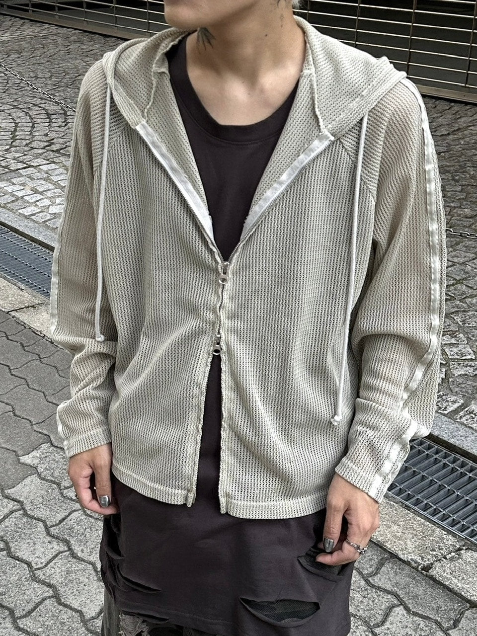 受注制【Never mind the XU】pigment track mesh zip hoodie (2color)