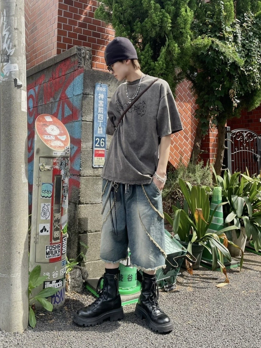 受注制【Never mind the XU】line denim half pants (2color)