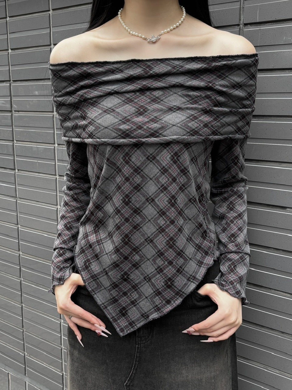 受注制【oaks】argylle off shoulder tops (2color)