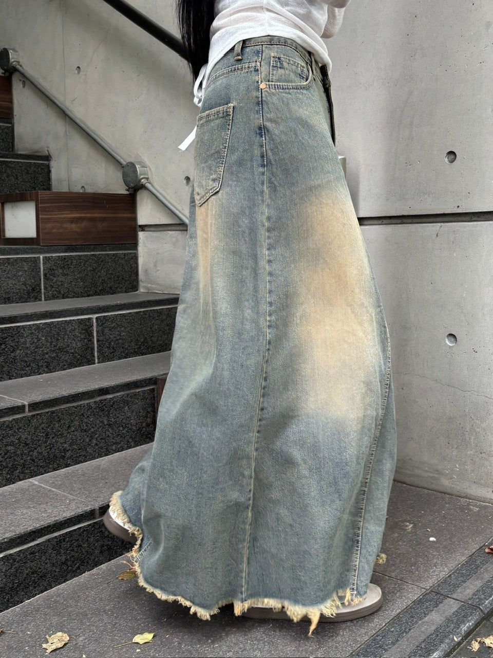受注制【oaks】vintage wash denim maxi skirt (2color)