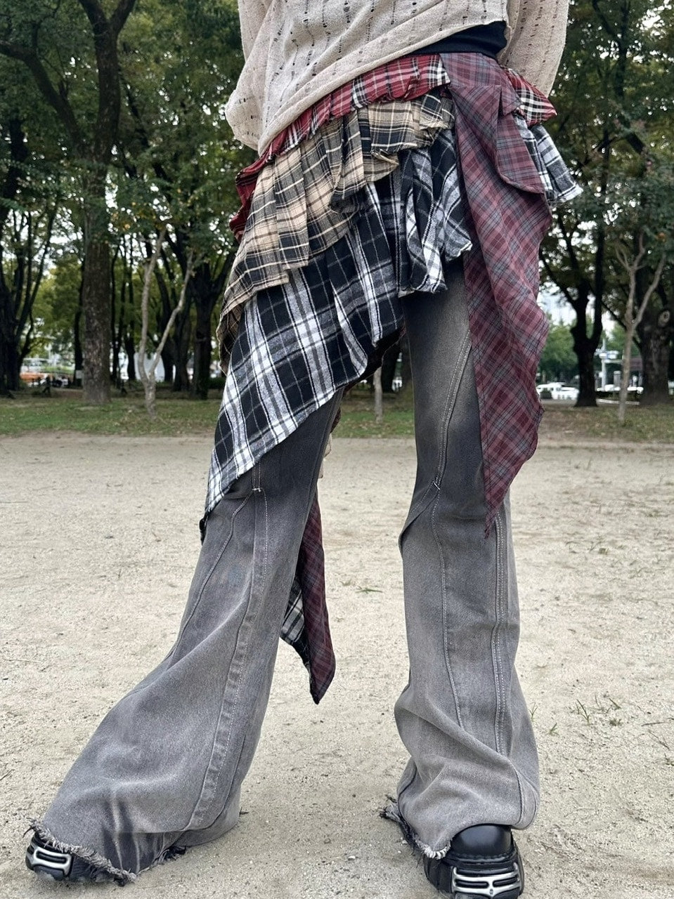 受注制【Never mind the XU】asymmetry check skirt / 【エックスユー ドッグ】アシンメトリーレイヤードチェックミニスカート