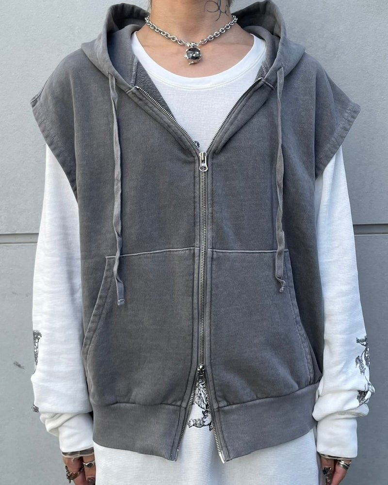 受注制【Never mind the XU】pigment sleeveless zip up hoodie (2color)