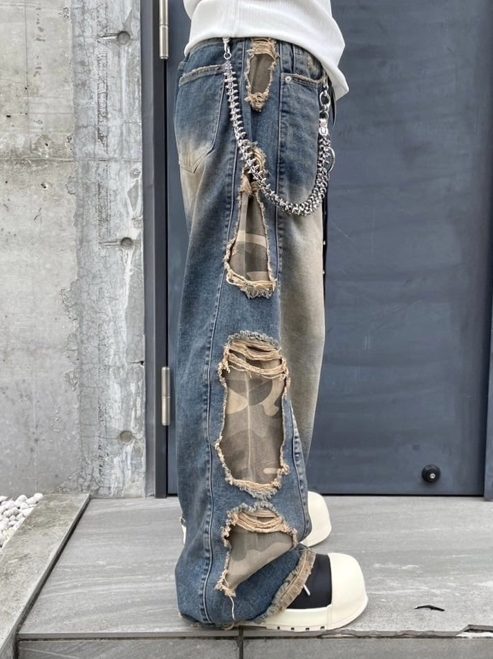 受注制【Never mind the XU】camouflage side damage denim pants (2color) / 【ネバーマインドザエックスユー】カモフラージュサイドダメージワイドデニムパンツ