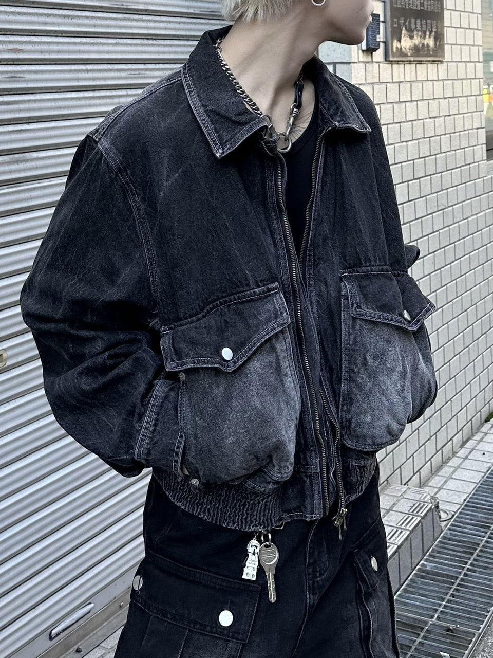 大阪店WEB限定受注制【Chikashitsu +】vintage wash cropped denim jacket (black)