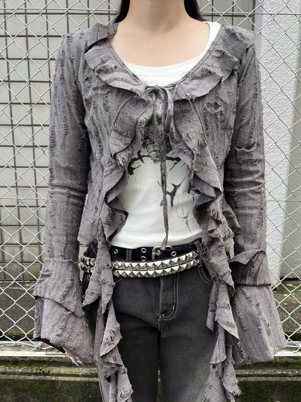 受注制【Never mind the XU】damage frill cardigan (2color)