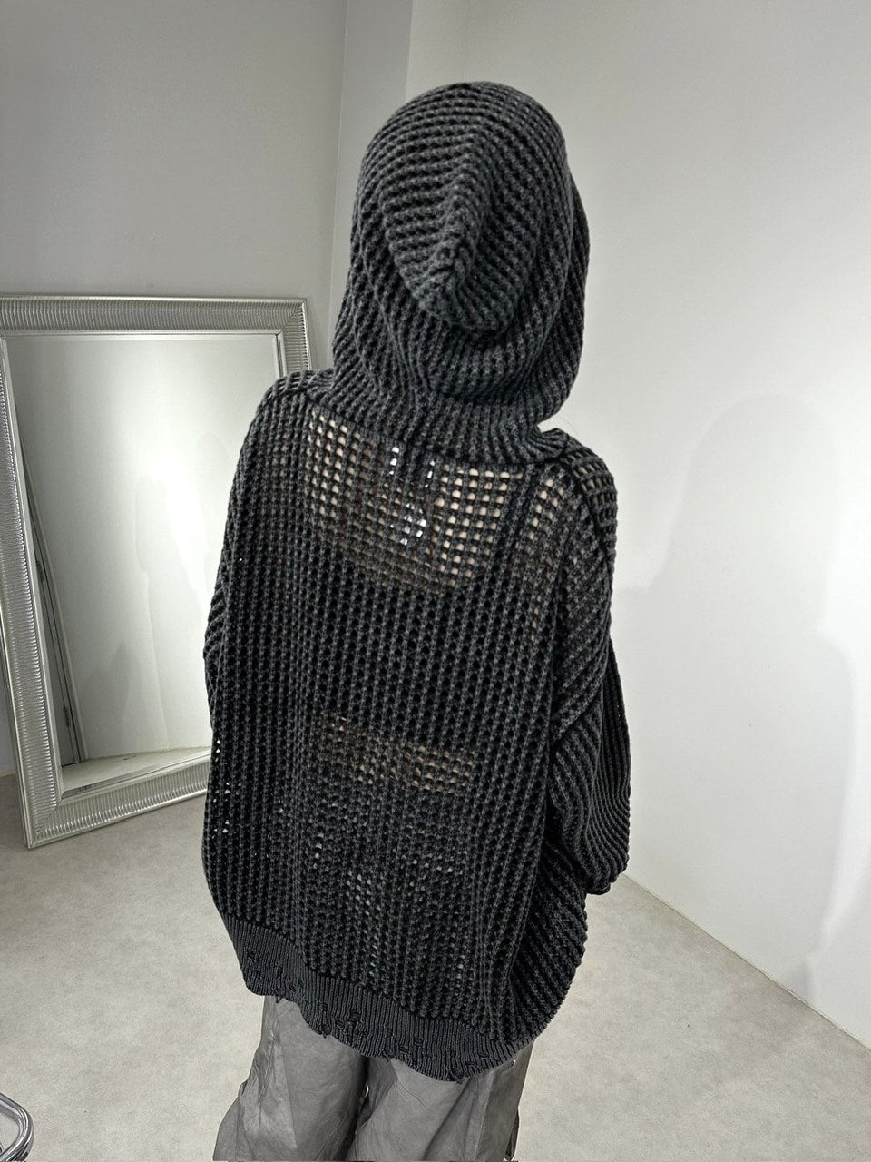 受注制【Never mind the XU】mesh zip damage hoodie (2color) / 【ネバーマインド ザ エックスユー】メッシュダメージジップアップ長袖パーカー